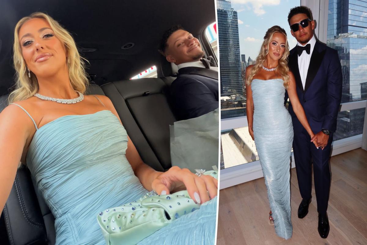 Brittany and Patrick Mahomes Coordinate Blue Outfits for Taylor Swift and Travis Kelce's Wedding